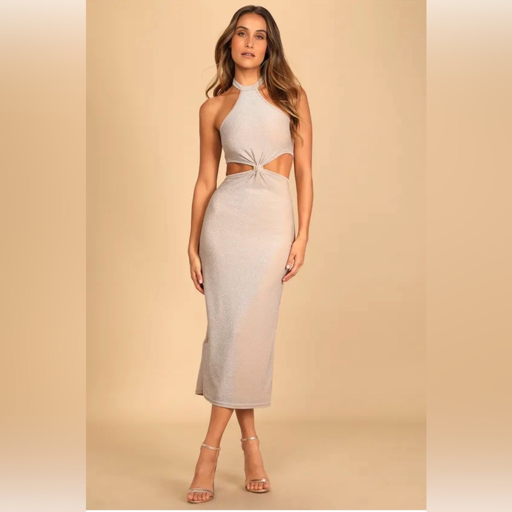 Lulus Sparkly Cream Cutout Halter Midi Dress